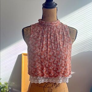 Floral Sleeveless Top with Lace Trim